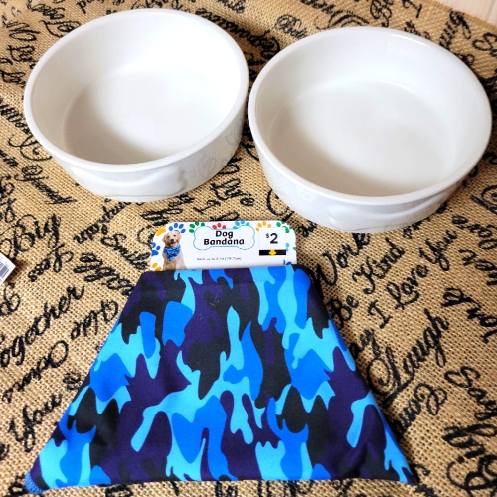 Pet tier table lot of 3 medium dog accessories 2 ceramic bowls and blue bandana